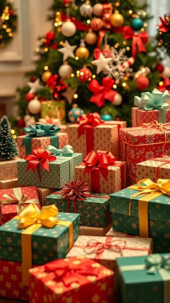 A collection of beautifully wrapped Christmas gifts with ribbons and a decorated tree in the background.
